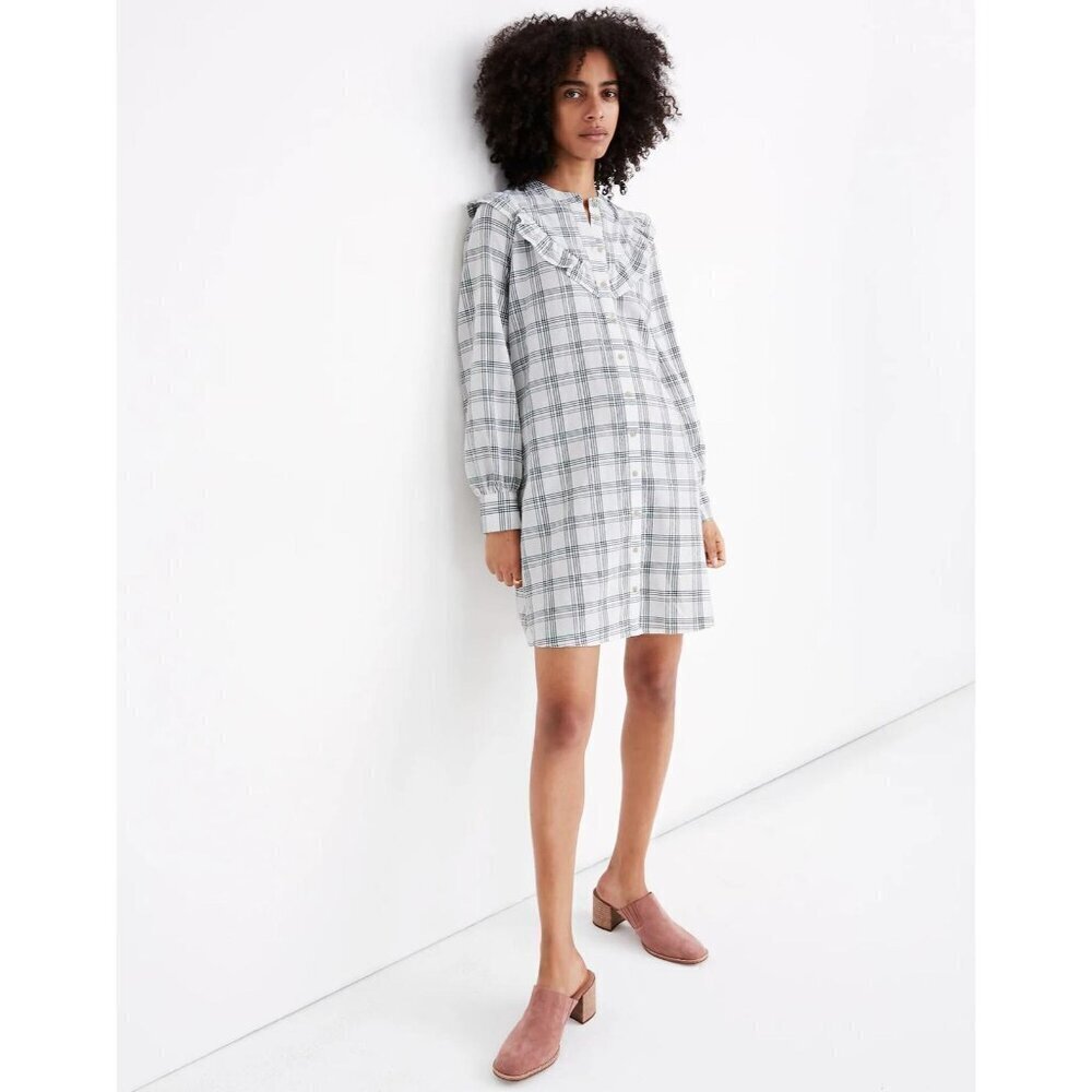 Madewell White Plaid Ruffle-Yoke Prairie Button-Down Dress Women's Size XS
